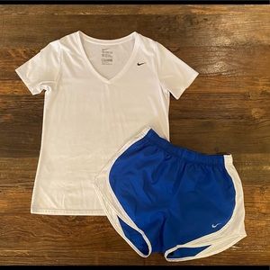 Nike dri-fit tee (large…fits like a medium) and running shorts (medium)
